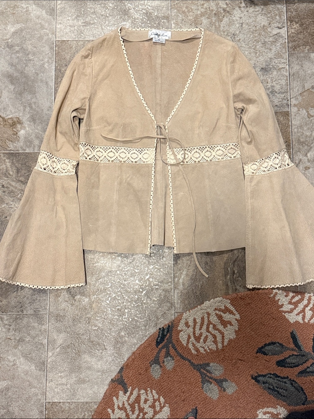Y2K Vintage Charlotte Russe Crochet Lace Detail Suede Leather Tie Closure Jacket